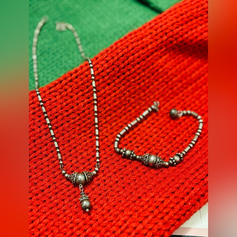 Silver Beaded Necklace and Bracelet Set